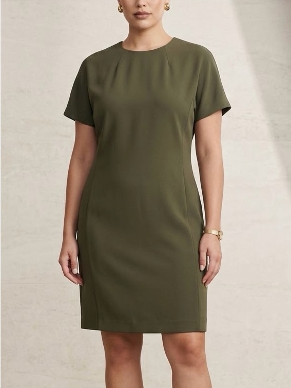 THEORY Olive Green Short Sleeve Dolman Shift Dress in Admiral Crepe Size L